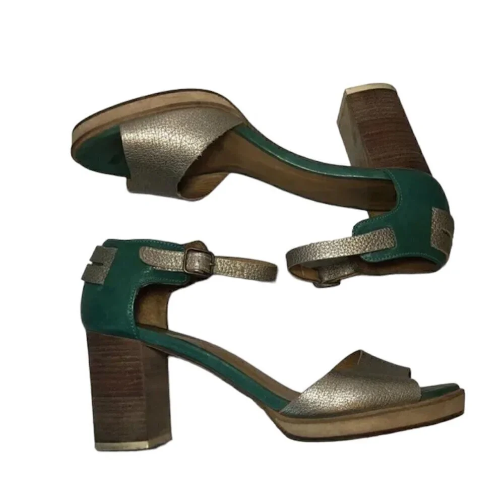 KUPURI Heels Women's Size US7.5 Green Silver Anthropologie Peep Toe Slingback - Picture 1 of 14